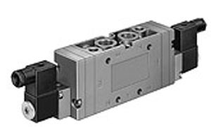 Válvula solenoide neumática de 5/2 vías para control de actuadores y cilindros.